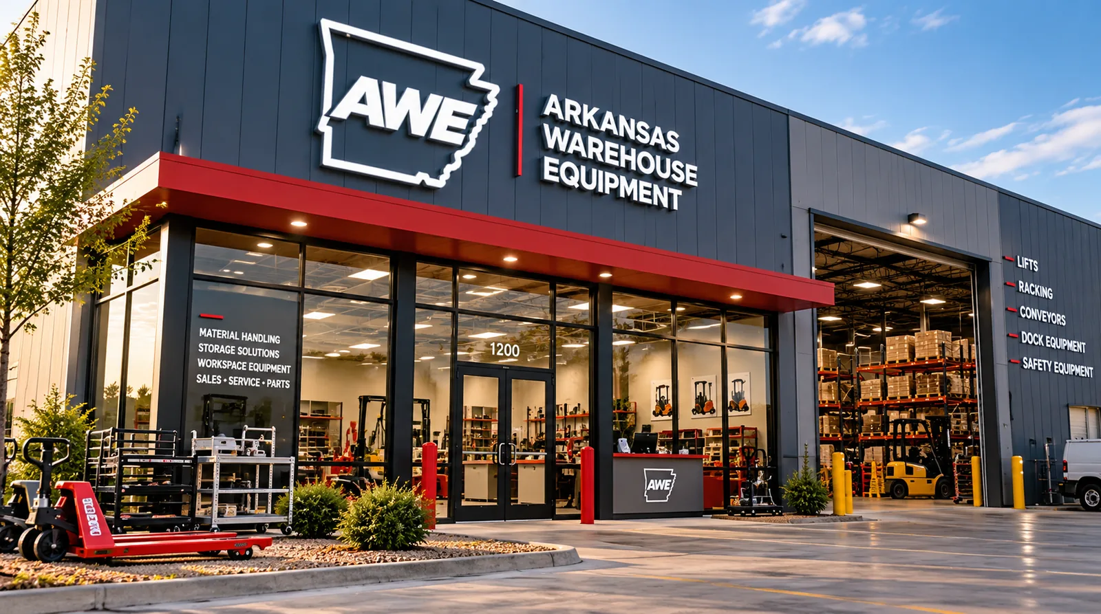 Arkansas Warehouse Equipment showroom at golden hour