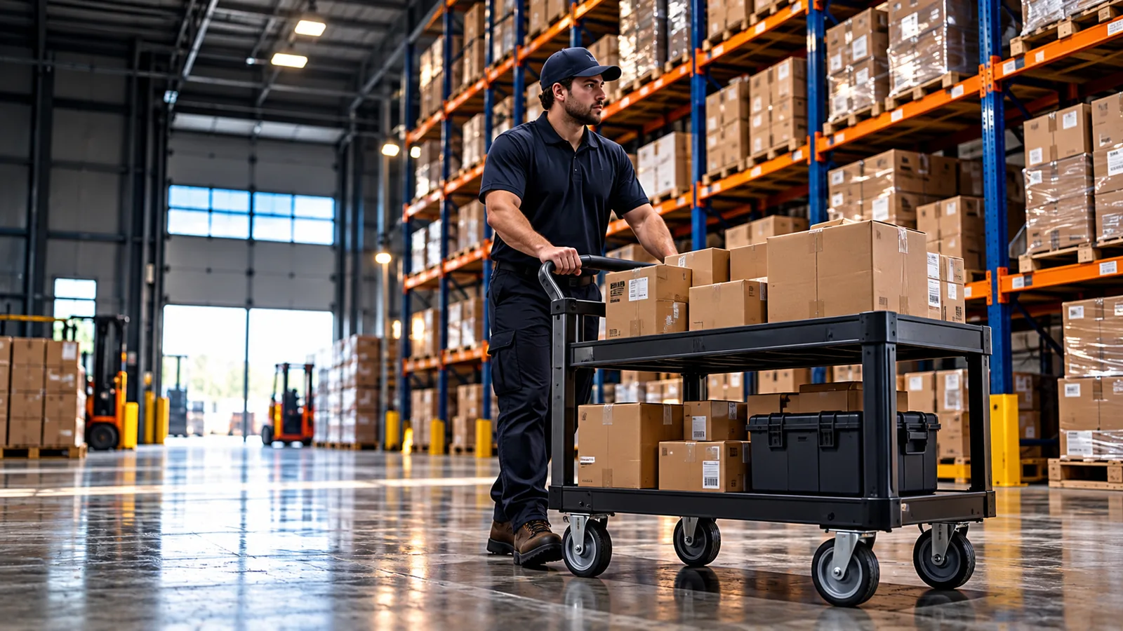 Worker pushing a loaded utility cart