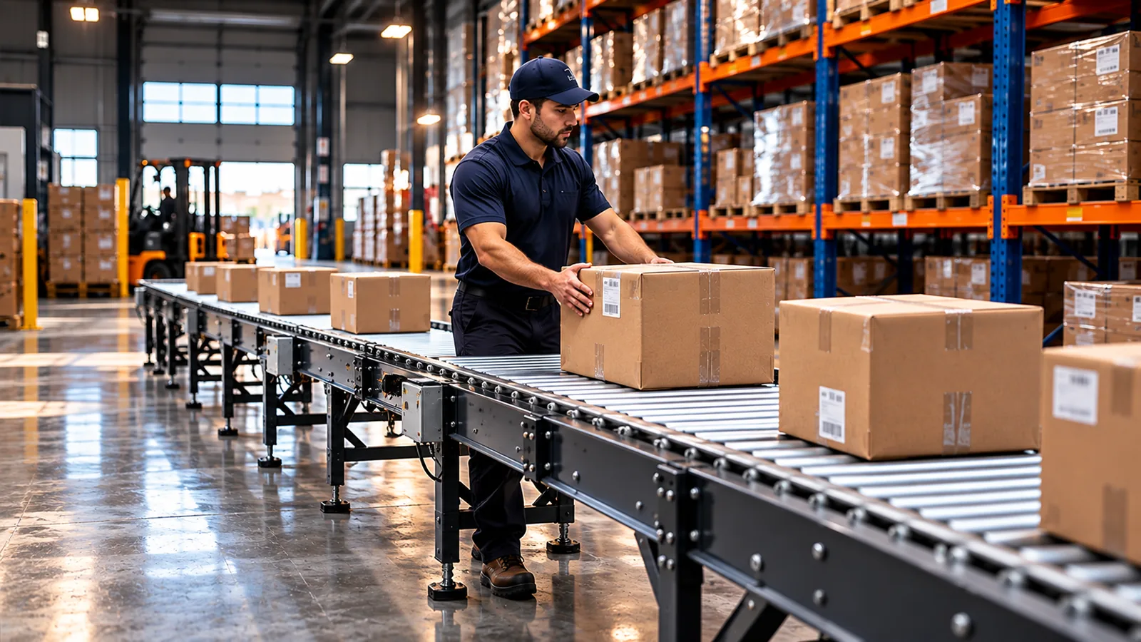 Boxes moving along warehouse conveyor lines