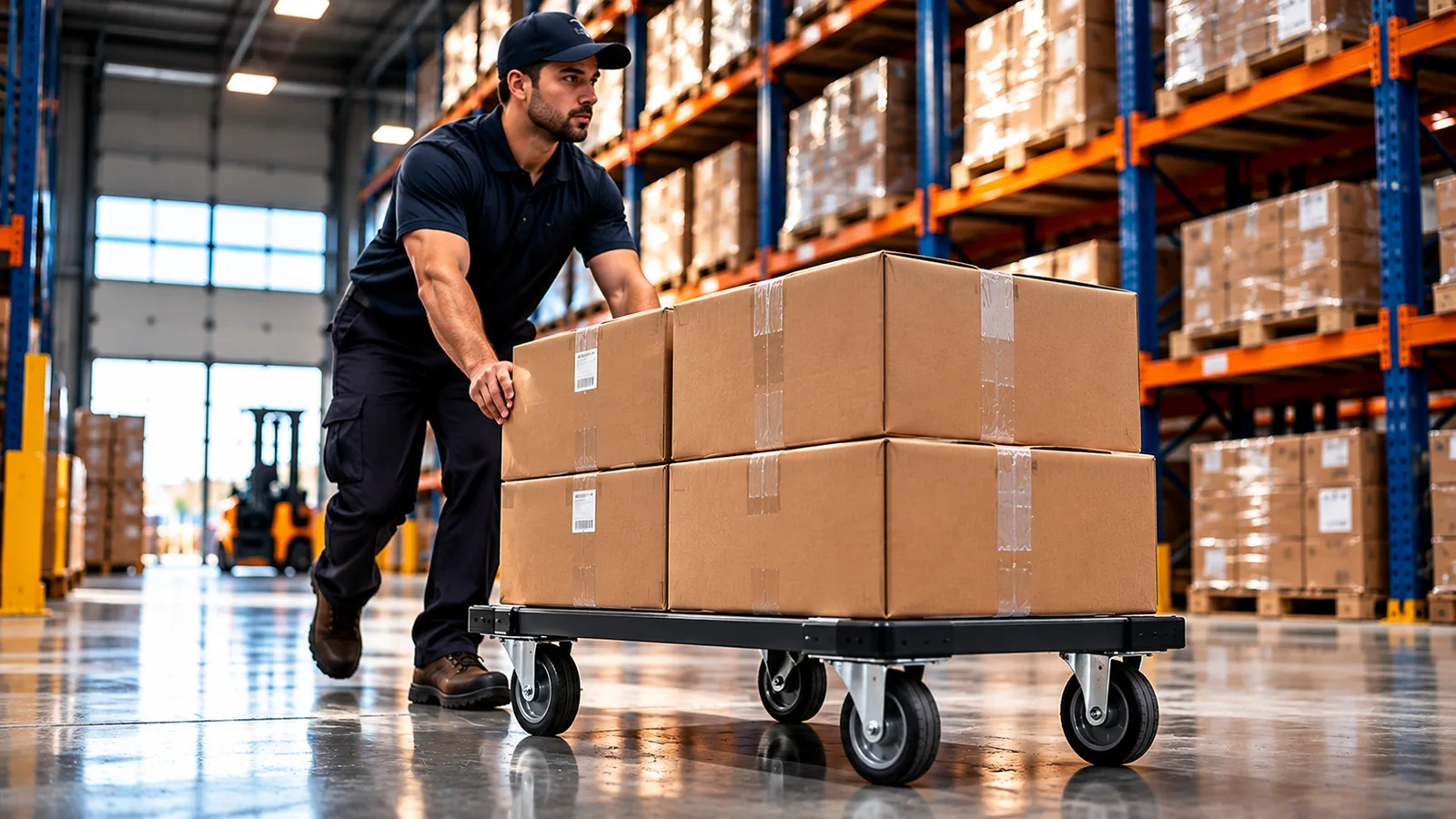 Worker pushing a box-loaded dolly