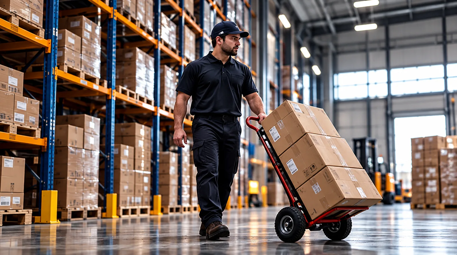 Worker moving boxed inventory with a hand truck