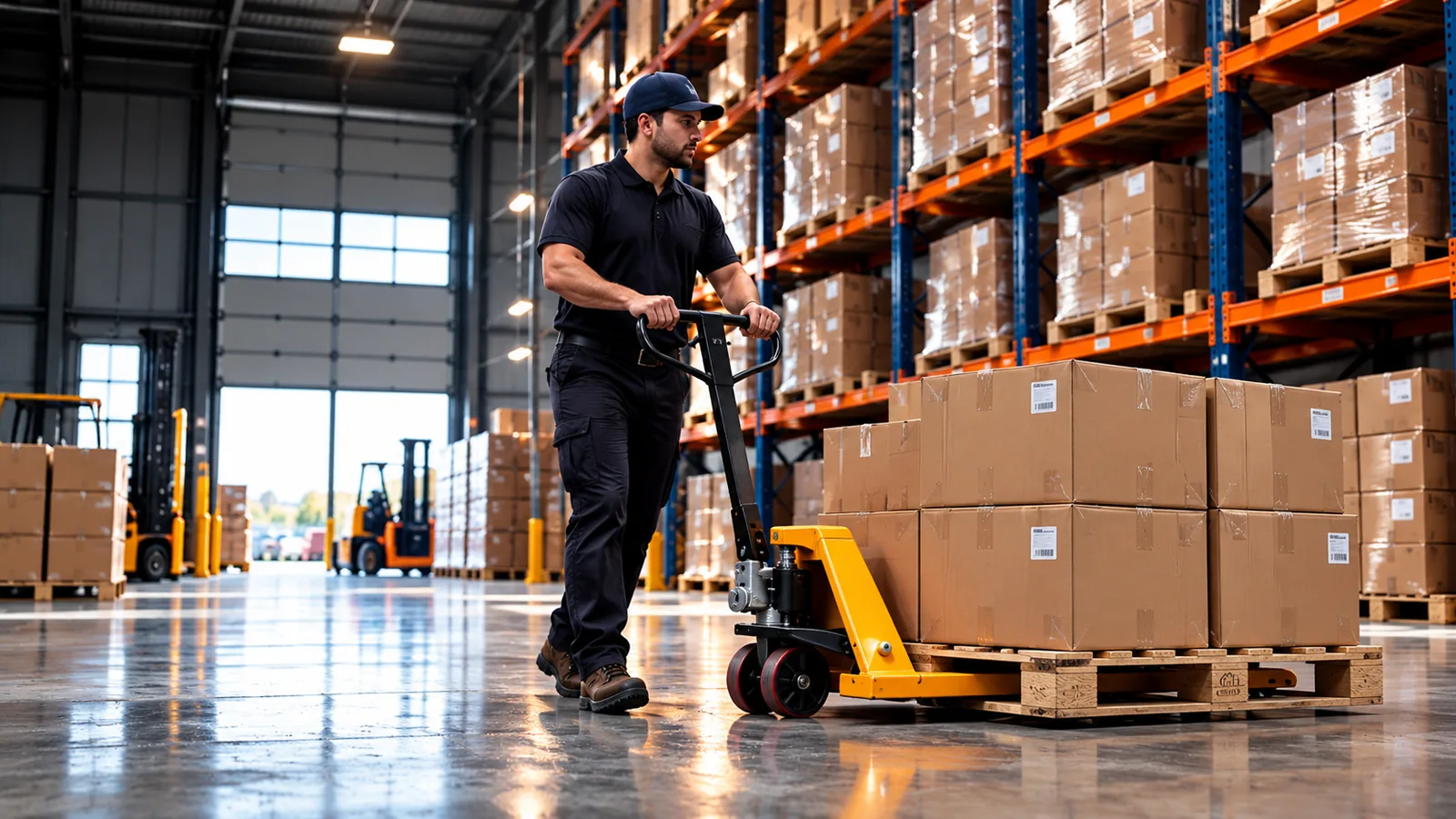 Worker moving a packed pallet with a pallet jack