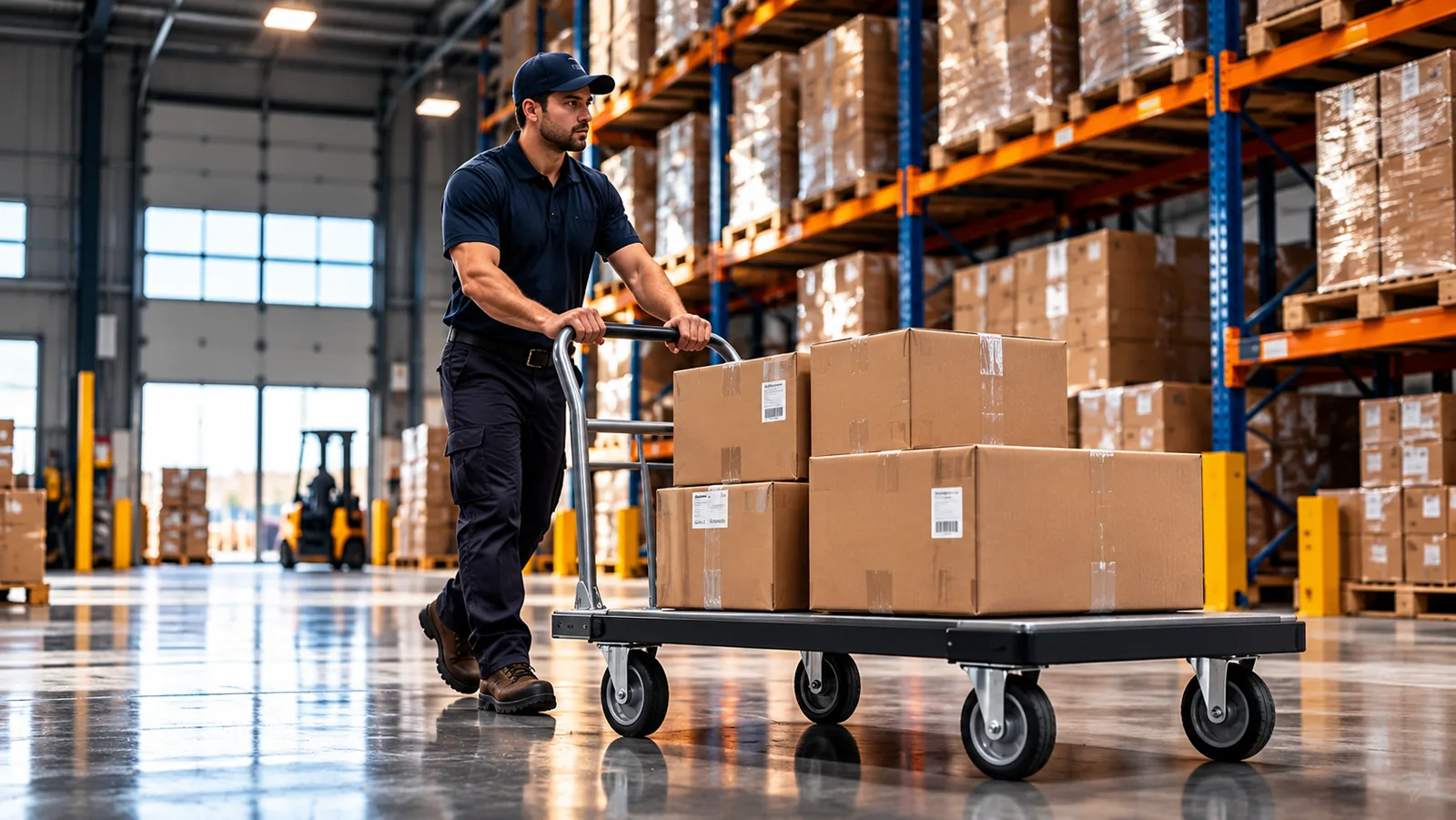 Worker pushing a box-laden platform truck